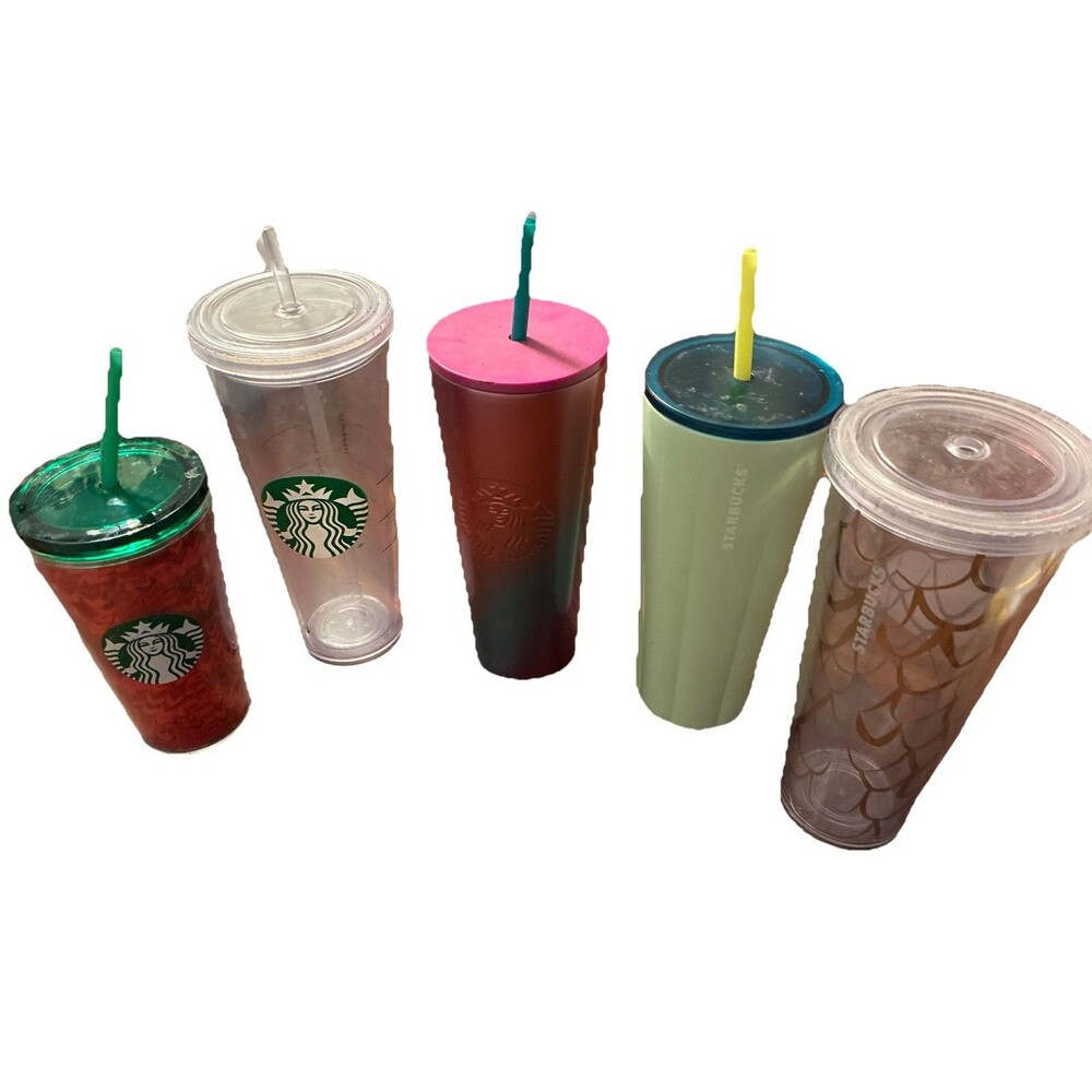 Starbucks Set of 5 Unique various size Tumblers In Red Green Clear Pink